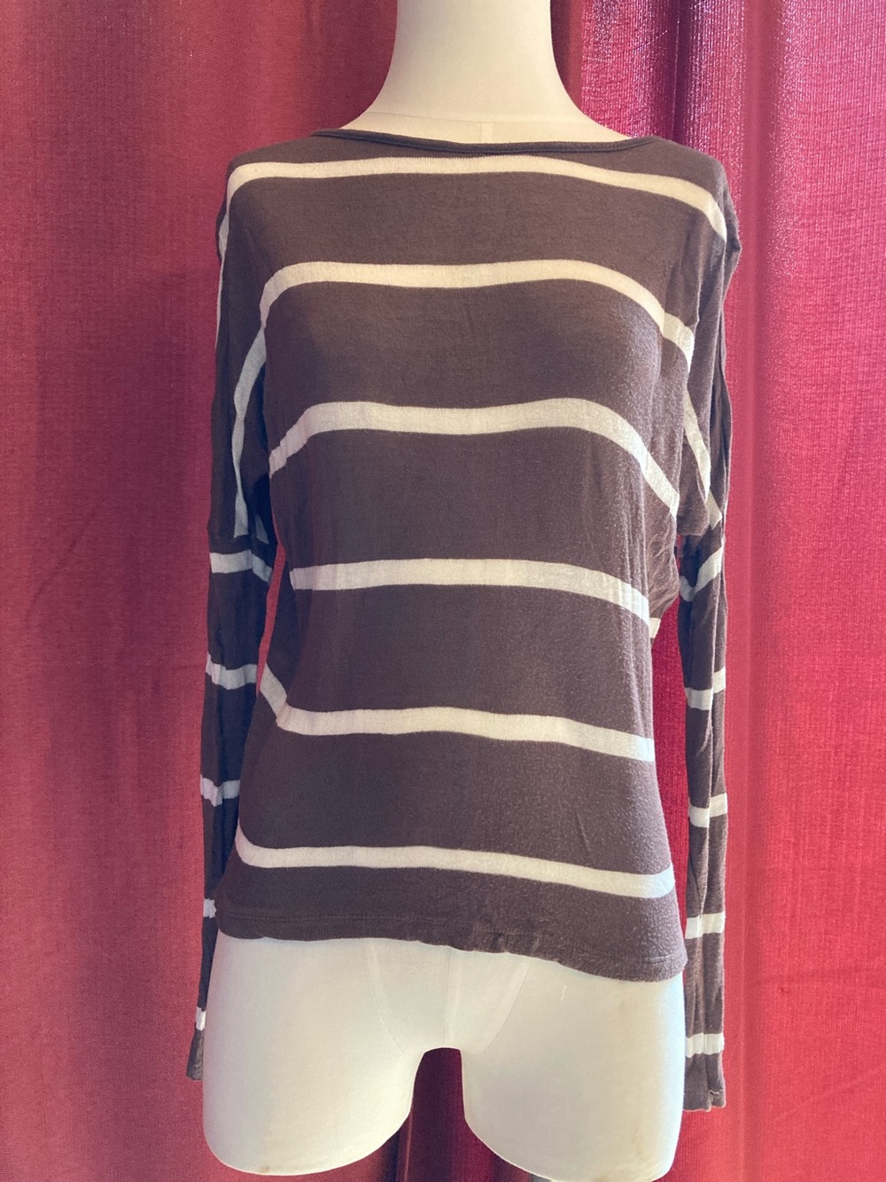 Zenana Outfitters Striped Long-Sleeve Boatneck Top in Brown and Cream
